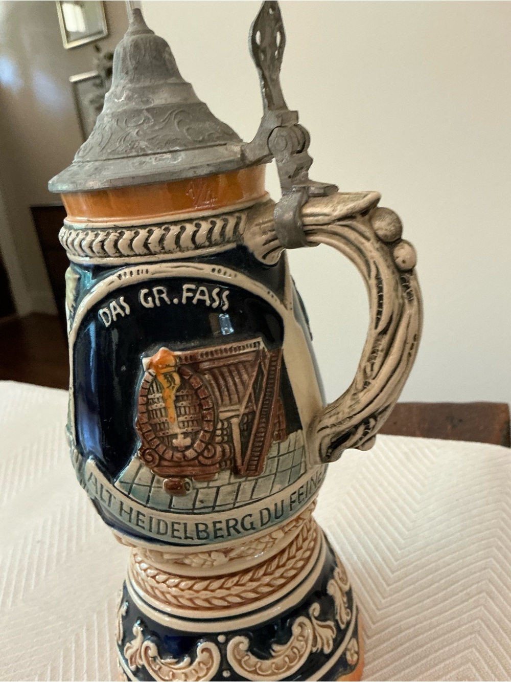 Decorative Blue and Cream German-Style Beer Stein